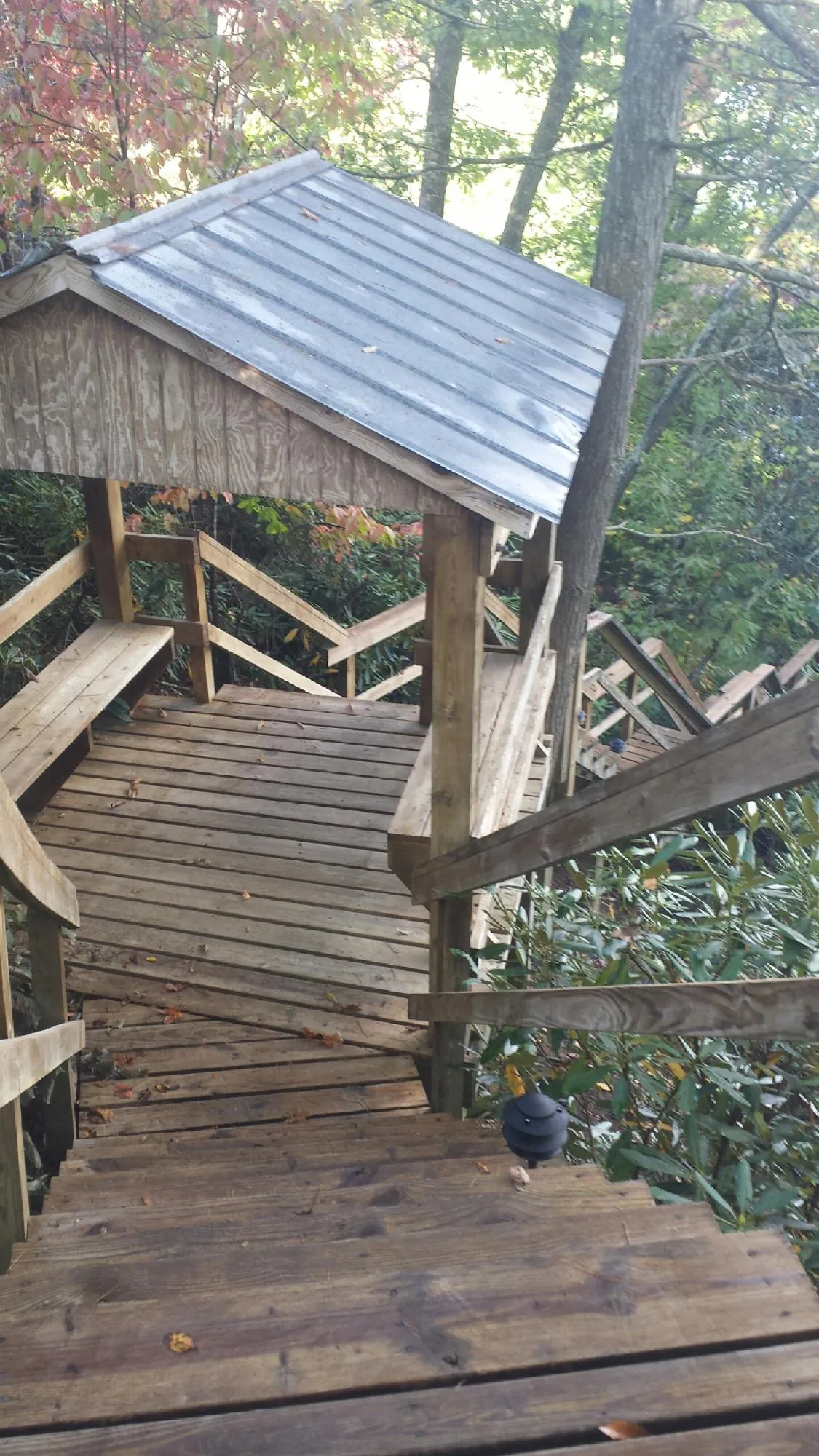 Metal roofed shelter over wooden steps on a wooded walkway — Skylight Repair & Installation work by our crew in Hallsville